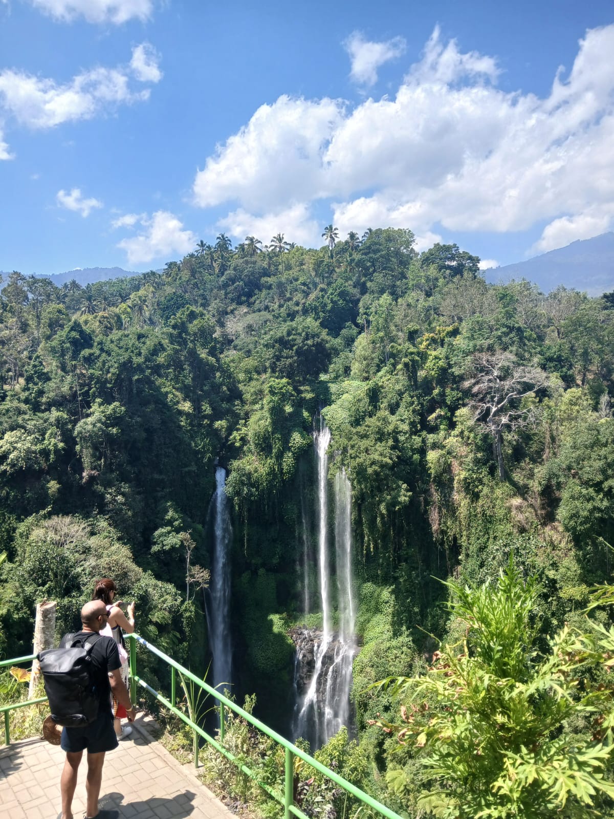 Guests at Sekumpul waterfall green railing viewpoint